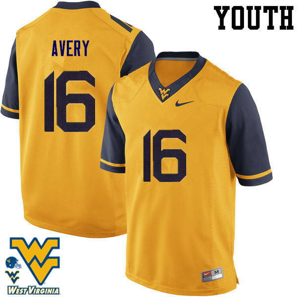 Youth #16 Toyous Avery West Virginia Mountaineers College Football Jerseys-Gold - Click Image to Close
